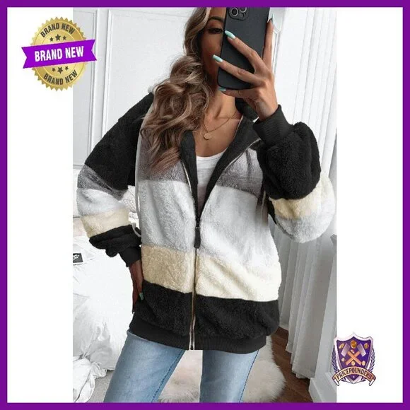 Women's Fleece Hooded Cardigan Jacket with Pockets - Cozy Winter Outerwear - Picture 7 of 8